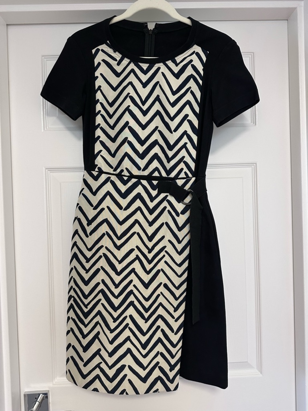 Structured Chevron Black & White Belted Dress